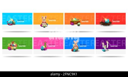 Happy Easter, large set horizontal colorful greeting postcards for your website with easter icons in modern minimalistic design Stock Photo