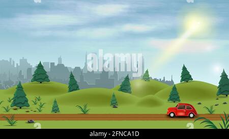 A red car drives through a green hilly field in the middle of a pine forest on a bright Sunny day. Rural area with a city silhouette on the horizon. Stock Photo