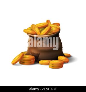 Leather bag of gold coins in cartoon 3D style isolated on a white background for your creativity. Game icons design Stock Photo