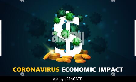 Coronavirus economic impact, black and green banner with three dimensional white dollar sign with gold coins around and surrounded by coronavirus mole Stock Photo