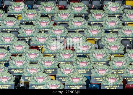 Duesseldorf, Germany. 16th May, 2021. Football: 2nd Bundesliga, Fortuna Düsseldorf - Erzgebirge Aue, 33rd matchday at the Merkus Spiel-Arena: Stylised crocodiles of a sponsor sit on the stands. Credit: Bernd Thissen/dpa - IMPORTANT NOTE: In accordance with the regulations of the DFL Deutsche Fußball Liga and/or the DFB Deutscher Fußball-Bund, it is prohibited to use or have used photographs taken in the stadium and/or of the match in the form of sequence pictures and/or video-like photo series./dpa/Alamy Live News Stock Photo