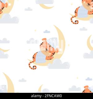 Seamless pattern with cute sleeping tiger. Animal boy in a nightcap and a blanket sleeps on the moon on a white background with blue clouds. Vector. K Stock Vector