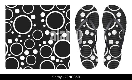 Summer abstract black and white seamless pattern with circles and rings. Pattern design for printing on flip-flops. Visualization of flip-flops design Stock Photo