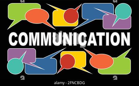 Communication banner with white headline and multicolored speech bubbles. Callout boxes on black background. Graphics for communication training or co Stock Vector