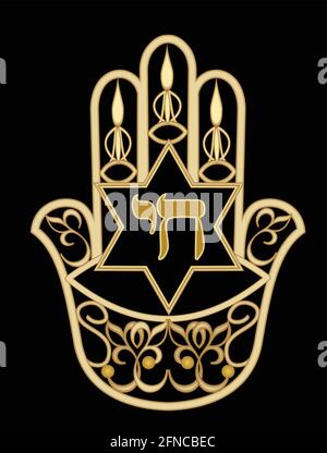 Miriam hand symbol hamsa. Golden design with star of David and hebrew word chai meaning life. Filigree gold jewel with jewish elements, Vector EPS 10 Stock Vector