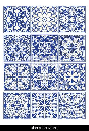Set of vintage ceramic tiles in azulejo design with blue patterns on white background, traditional Spain and Portugal pottery Stock Vector