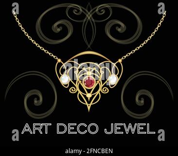 Golden jewel with red gem and pearls. Necklace in art deco style. Filigree circle pendant on fine golden chain. Stock Vector