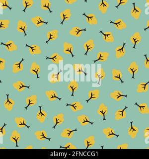 Vector green and yellow cute trees pen sketch scattered polka dot seamless pattern background. Suitable for textile, gift wrap and wallpaper. Stock Vector