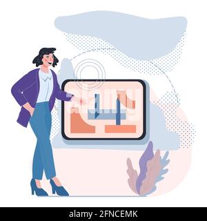 Business woman making presentation. Seminar, webinar and coaching, teaching and tutorial, flat vector. Stock Vector