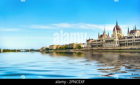 Hungarian Parliament on Danube river in early morning Stock Photo