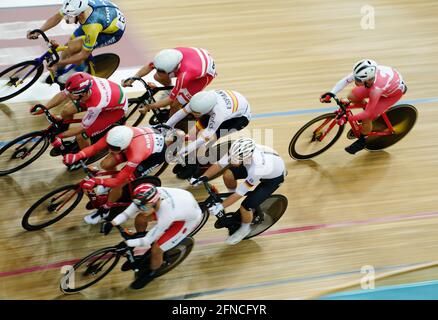 Hong Kong, China. 16th May, 2021. Athletes compete during the men's omnium at the 2021 UCI Track Cycling Nations Cup in Hong Kong, south China, May 16, 2021. Credit: Wang Shen/Xinhua/Alamy Live News Stock Photo