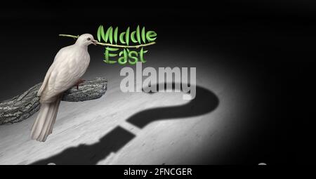 Middle East peace questions and persian gulf diplomacy uncertainty concept with a white dove holding an olive branch with a shadow searching. Stock Photo