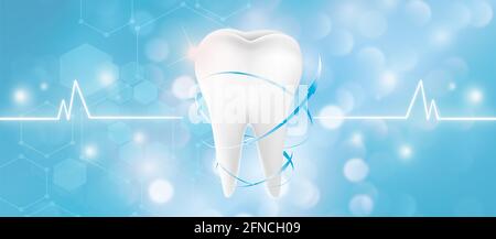 Dental care concept. 3D Illustration of tooth on blue medical background. Stock Photo