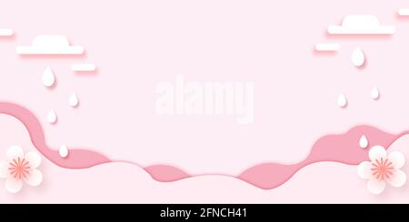 Abstract pink rainy sky with paper cut rain drops and clouds. 3d Illustration Stock Photo