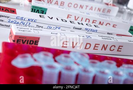 Several boxes of swab evidence sealed in crime lab, conceptual image Stock Photo