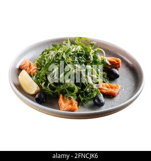 Isolated plate of roasted salmon and arugula salad Stock Photo