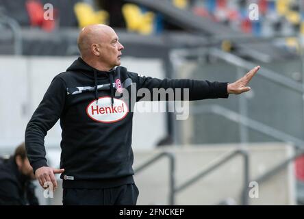 Duesseldorf, Germany. 16th May, 2021. Football: 2. Bundesliga, Fortuna Düsseldorf - Erzgebirge Aue, 33. matchday at Merkus Spiel-Arena: Düsseldorf's coach Uwe Rösler gestures. Credit: Bernd Thissen/dpa - IMPORTANT NOTE: In accordance with the regulations of the DFL Deutsche Fußball Liga and/or the DFB Deutscher Fußball-Bund, it is prohibited to use or have used photographs taken in the stadium and/or of the match in the form of sequence pictures and/or video-like photo series./dpa/Alamy Live News Stock Photo