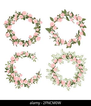Peonies wreath set. Round frame, cute pink flowers and leaves. Festive decorations for wedding, holiday, postcard, poster and design Stock Vector
