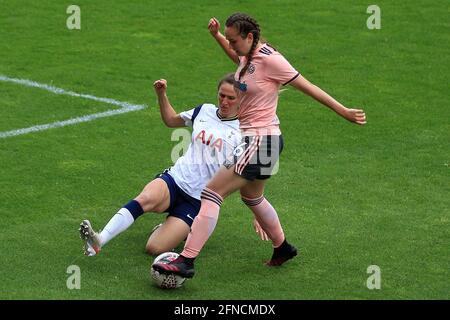 London, UK. 16th May, 2021. Lucy Watson of Sheffield United Women (L) is tackled by Abbie McManus of Tottenham Hotspur Women (R). Women's FA cup match, Tottenham Hotspur Women v Sheffield Utd women at the Hive Stadium in London on Sunday 16th May 2021. this image may only be used for Editorial purposes. Editorial use only, license required for commercial use. No use in betting, games or a single club/league/player publications.pic by Steffan Bowen/Andrew Orchard sports photography/Alamy Live News Credit: Andrew Orchard sports photography/Alamy Live News Stock Photo