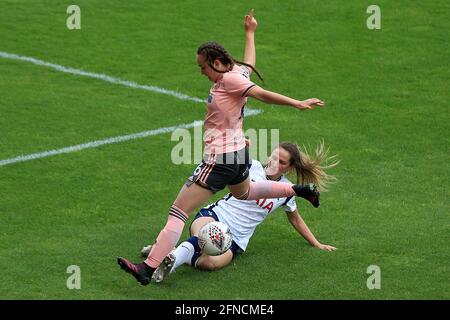 London, UK. 16th May, 2021. Lucy Watson of Sheffield United Women (L) is tackled by Abbie McManus of Tottenham Hotspur Women (R). Women's FA cup match, Tottenham Hotspur Women v Sheffield Utd women at the Hive Stadium in London on Sunday 16th May 2021. this image may only be used for Editorial purposes. Editorial use only, license required for commercial use. No use in betting, games or a single club/league/player publications.pic by Steffan Bowen/Andrew Orchard sports photography/Alamy Live News Credit: Andrew Orchard sports photography/Alamy Live News Stock Photo