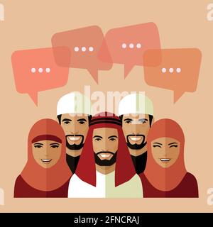 set of flat muslim avatars, vector arab people team, saudi characters Stock Vector