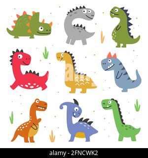 Vector illustration of set of various types of dinosaurs on white isolated background Stock Vector