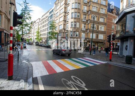Illustration picture shows a pedestrian crossing in rainbow colors, to raise awareness for discrimination against LGBTQI+ people, in the city center o Stock Photo