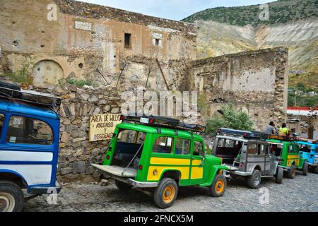 Willy Jeep station wagons for adventure rides on the old cobblestone streets of Real de Catorce the historic ghost town in San Luis Potosí, Mexico. Stock Photo