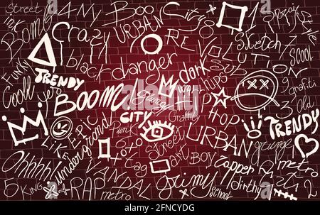Wall with graffiti symbol writing spray-ink-tag-splash-scribble. Street art. Modern hand draw grafiti style. Dirty artistic design elements and words. Stock Vector