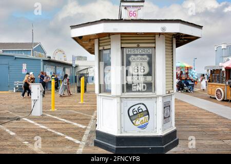 SANTA MONICA, CALIFORNIA - 15 MAY 2021: Route 66 Kiosk on the Santa Monica Pier. Stock Photo