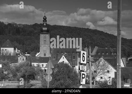 monochrome photgraphy of a church in a village of upper franconia Stock Photo
