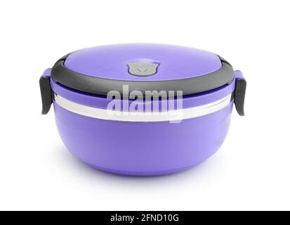 Round close purple plastic lunch box isolated on white. Stock Photo
