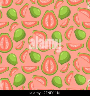 Guava whole and half sliced seamless pattern. Exotic tropical vegetarian guava fruit. Menu, smoothie bowl, market, store, party decoration, textile, c Stock Vector