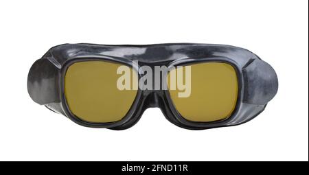 Old industrial rubber goggles isolated on white. Front view. Stock Photo