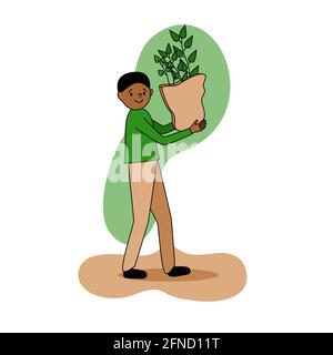 Eco friendly concept, a dark skinned man walks and carries a package with young plants in his hands, happy people take care of nature eco, green peace Stock Vector