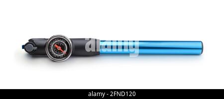 Compact metal bicycle pump with pressure gauge isolated on white. Stock Photo
