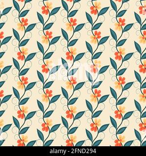 Modern fashionable vector seamless floral ditsy pattern design of flowers, leaves and waves. Elegant repeat texture with pink background for textile Stock Vector