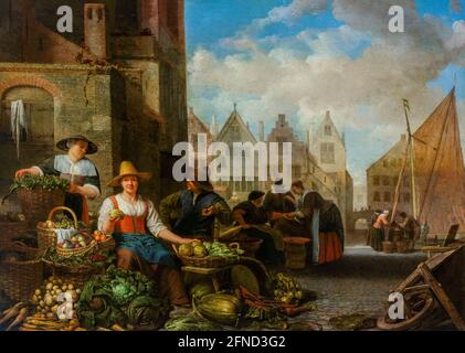 The vegetable market. Two women and a man behind a stall selling fruit and vegetables. A young woman in a hat is holding a gourd in her outstretched h Stock Photo