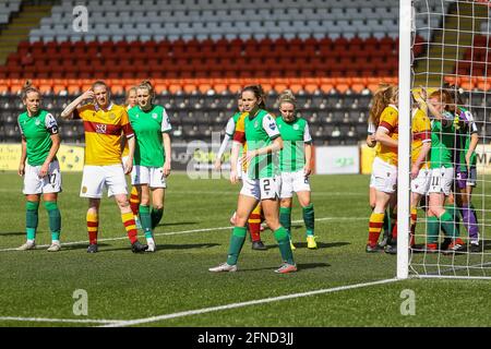 Airdrie, North Lanarkshire, 16th May 2021. Hibs defend another corner late in the 2nd half during the Scottish Building Society Scottish Women's Premier League 1 Fixture Motherwell FC Vs Hibernian FC, Penny Cars Stadium, Airdrie, North Lanarkshire, 16th May 2021 | Credit Colin Poultney |  Credit: Colin Poultney/Alamy Live News Stock Photo
