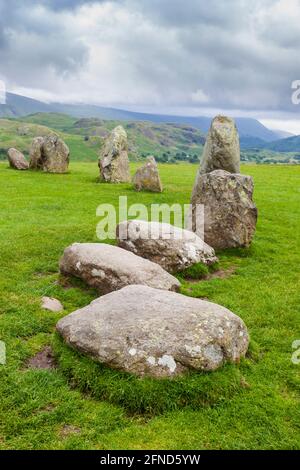 View of Castlerigg stone circle in the English Lake District,  under a brooding stormy sky. Stock Photo