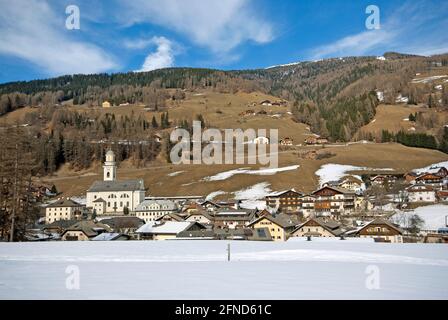 Sesto village (Sexten) in winter, Pusteria Valley, Trentino-Alto Adige, Italy Stock Photo