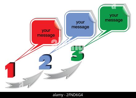 Presentation of the working process in three steps with bubbles and arrows for text placement Stock Vector