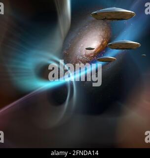 Flying saucers in space. 3D rendering. Stock Photo