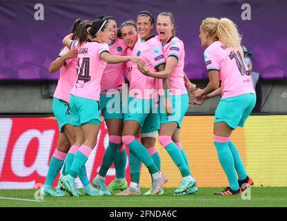 Barcelona players score after Chelsea's Melanie Leupolz (not pictured) scores an own goal during the UEFA Women's Champions League final, at Gamla Ullevi, Gothenburg. Picture date: Sunday May 16, 2021. Stock Photo