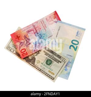 US dollar, Swiss franc and euro banknotes on white background. Multi-currency savings account concept. Stock Photo