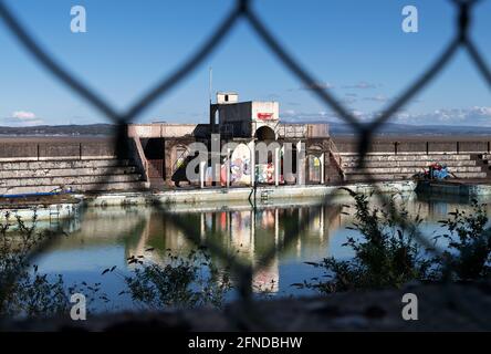 The redundant Grade II listed Art Deco Lido, Grange-Over-Sands, Cumbria, UK Stock Photo