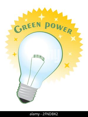 Green power circle label with shining bulb Stock Vector