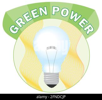 Green power circle label with shining bulb Stock Vector