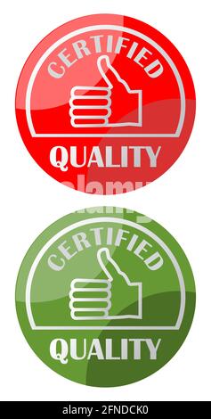 Label certified quality with thumb in green and red color variants Stock Vector