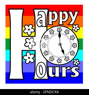 Happy hours billboard with clock face and flowers on a rainbow background Stock Vector